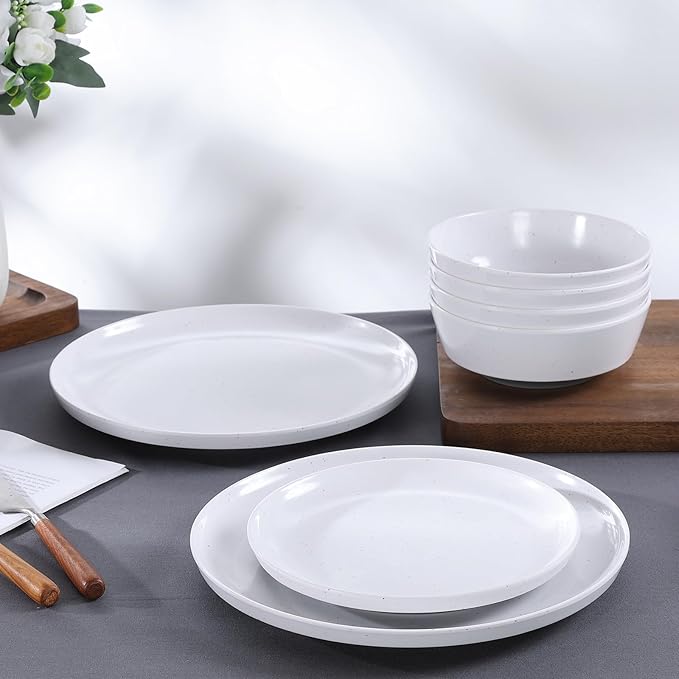 Webbylee 12-Piece Melamine Dinnerware Set for 4 – Unbreakable Plates &amp Bowls Lightweight Two-Tone White &amp Grey Ideal for Family Meals Camping Picnic Parties