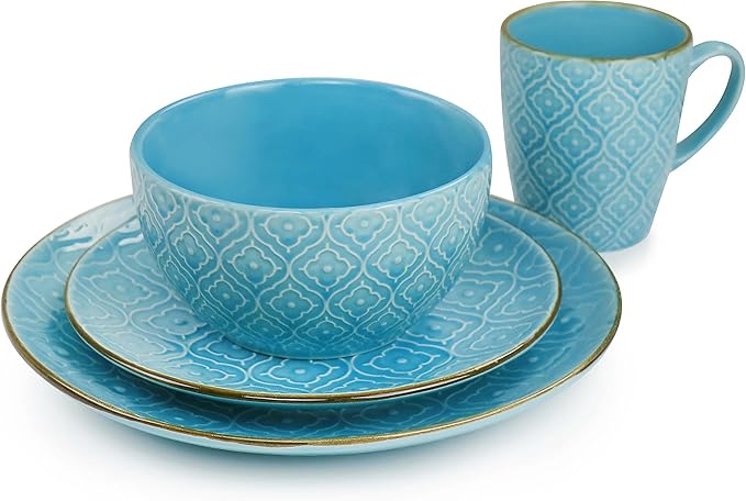 16 Piece Embossed Stoneware Dinnerware Set – Teal Dishes with Glossy Finish and Trimmed Edges Microwave &amp Dishwasher Safe Tableware Set for 4 Elegant Dinner Plates and Bowls