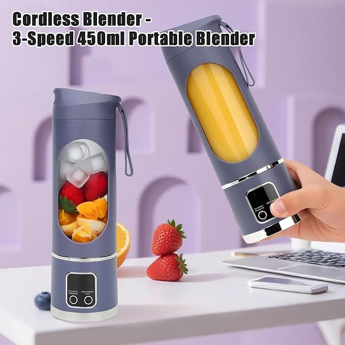 Portable Blender with 3 Speeds 450ml Personal Juicer with Dual 1500mAh Batteries and 12 Blades for Smoothies Juicing Ice Crushing Travel and Gym Use
