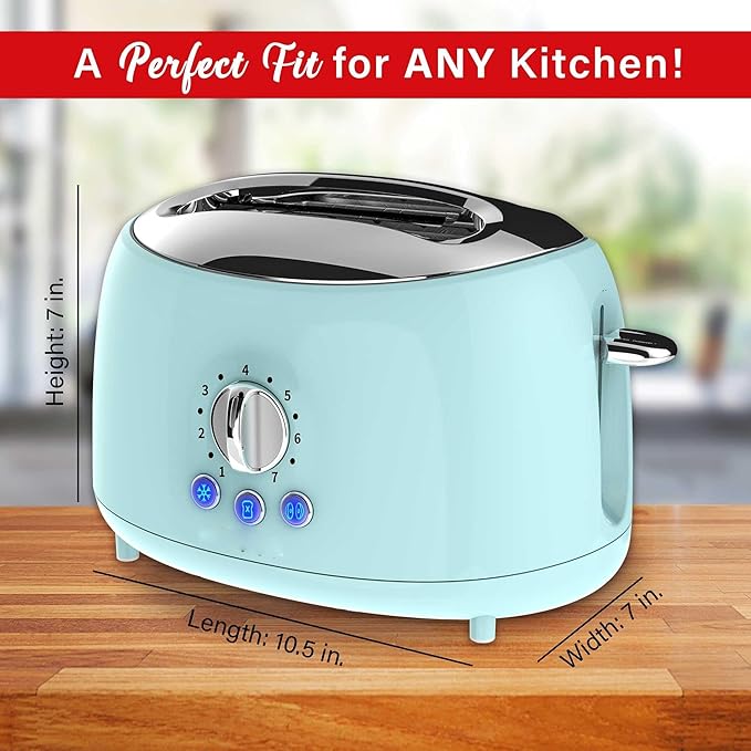 Cool Touch 2-Slice Extra Wide Slot Toaster with 7 Shade Settings Defrost and Bagel Functions – Black and Blue Retro Kitchen Toaster (Blue)
