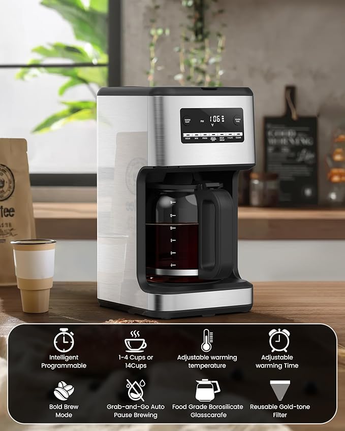 COWSAR 14-Cup Coffee Maker 24-Hour Programmable Coffee Brewer Keep Warm Drip Free Washable Filter Stainless Steel Silver - Commercial Performance