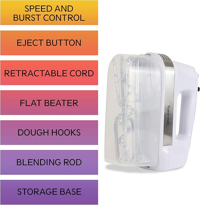 Kenmore Electric Hand Mixer – 5 Speed Handheld Blender Electric Egg Beater with Whisk Beater Dough Hooks Storage Case Turbo Boost for Cake Mix Batidora de Mano Eléctrica