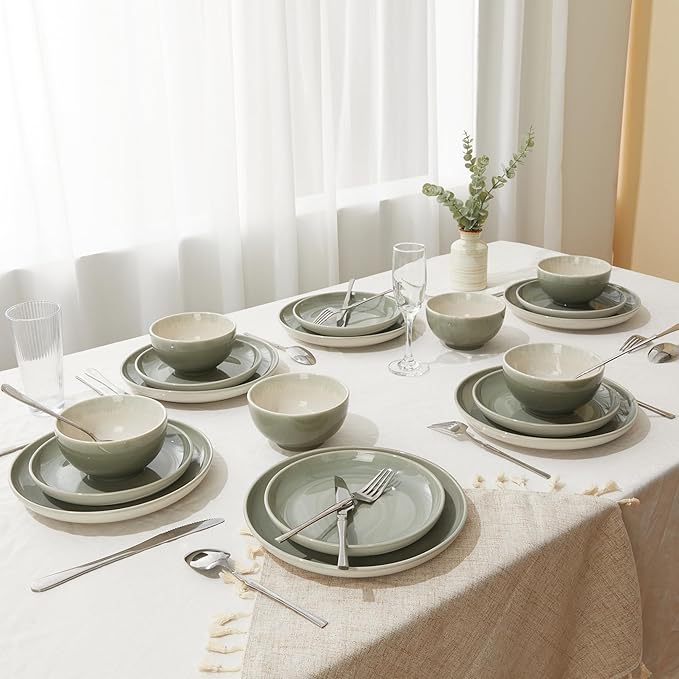 Plates and Bowls Sets for 8 24 Piece Dinnerware Set for Large Families &amp Entertaining Elegant Design Dishwasher &amp Microwave Safe Chip Resistant and Durable Gray Green