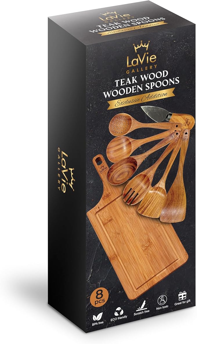 Teak Wooden Cooking Spoons Set -8-Piece Nonstick Cookware - Handmade Wooden Teak-Bamboo Charcuterie Board With Knife - Wooden Kitchen Utensils Ideal Gift Set For WeedingBirthday