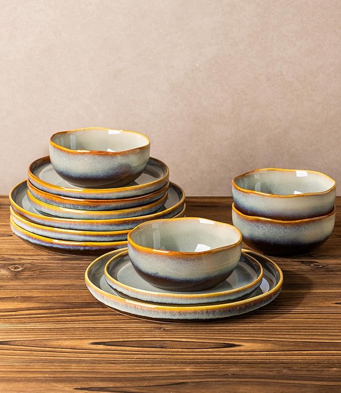 TheTerra Ceramic Dinnerware Sets for 4 12 Pieces Handmade Reactive Glaze Plates and Bowls Sets Scratch Resistant Dish Set Oven &amp Microwave &amp Dishwasher Safe Brown Blue