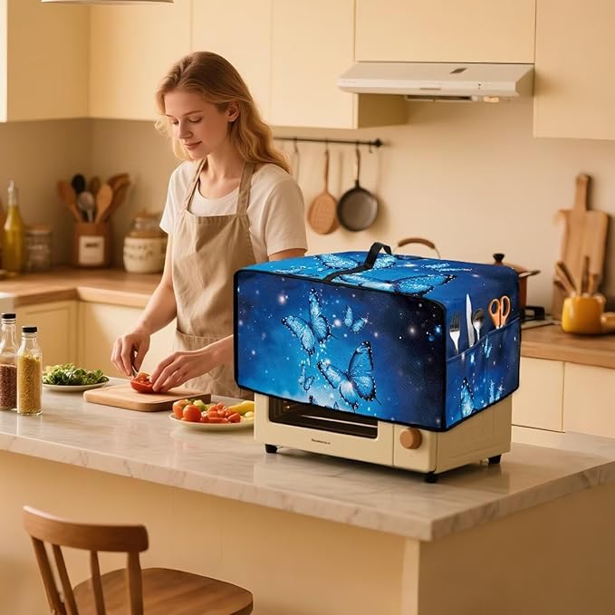 Faux Linen Polyester Toaster Oven Cover Scratch Resistant Appliances Dust Cover with Top Handle Storage Pockets for Home Kichen Appliances Butterfly Sea Surface