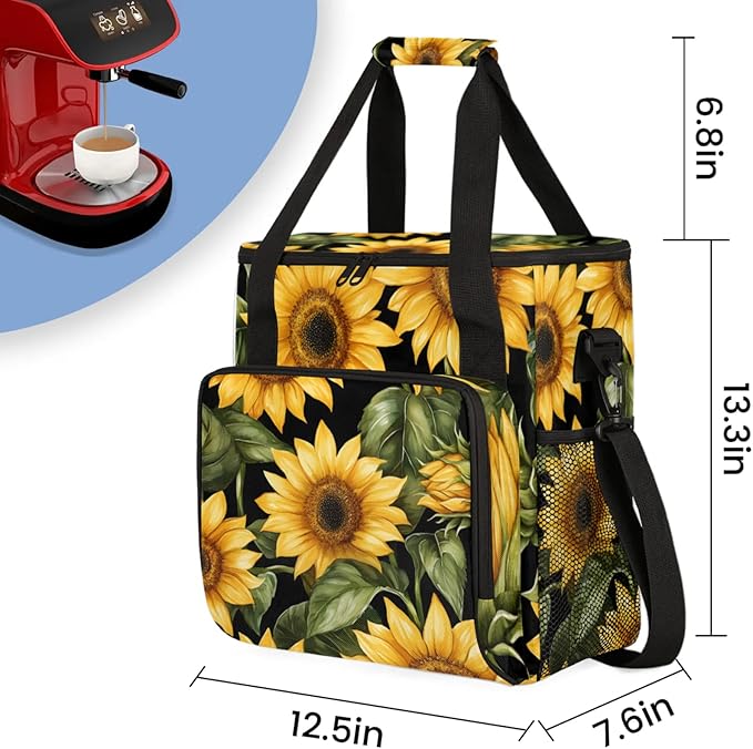 Flower Sunflower Theme Coffee Maker Travel Bag for Keurig K-Mini/K-Mini Plus Insulated Waterproof Tote with Pockets for K-Cup Portable Single-Serve Brewer Case