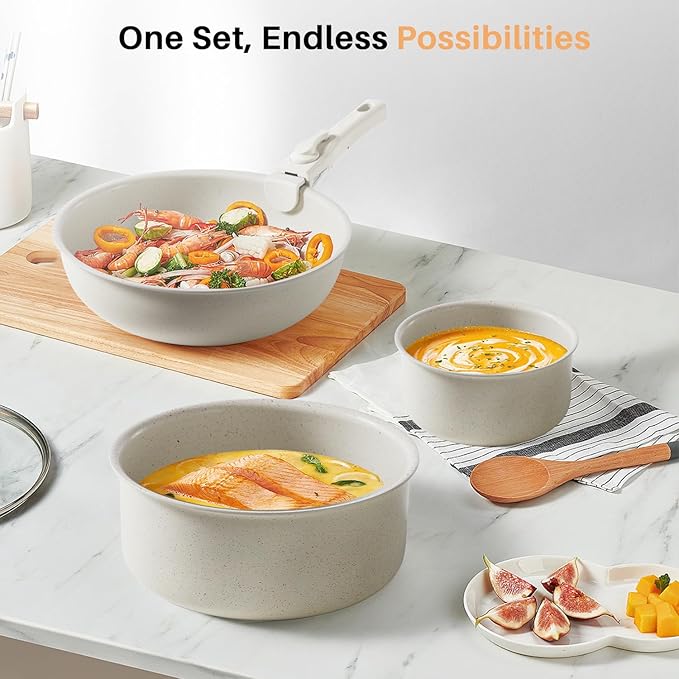 12 PCS Pots and Pans Set Non Stick Kitchen Induction Cookware Oven-Safe Stackable RV Cookware with Detachable Handle