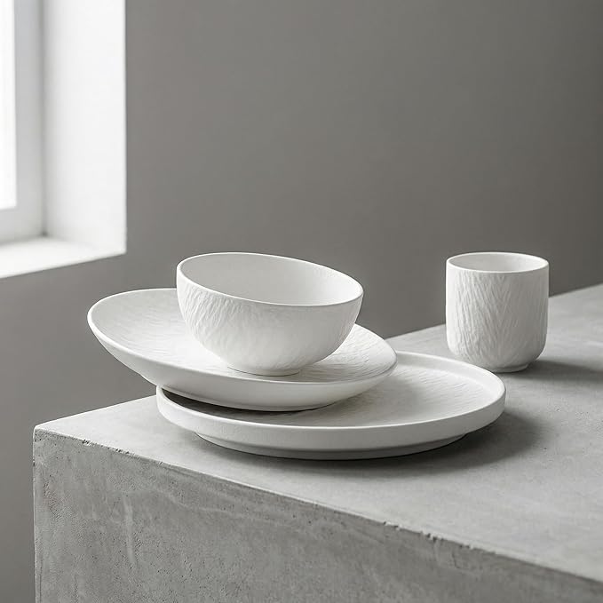Wabi Sabi Stone Texture Ceramic Dinnerware Set 16-Piece Matte Bowl &amp Plate Set - 10” &amp 8” Plates Bowl Cups - Minimalist Stoneware for Modern Dining (Black/White) (white)