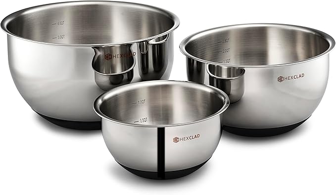 HexClad Stainless Steel Mixing Bowl Set 3-Piece with Vacuum Seal Lids and Non-Slip Base 1.33 and 5 Quarts