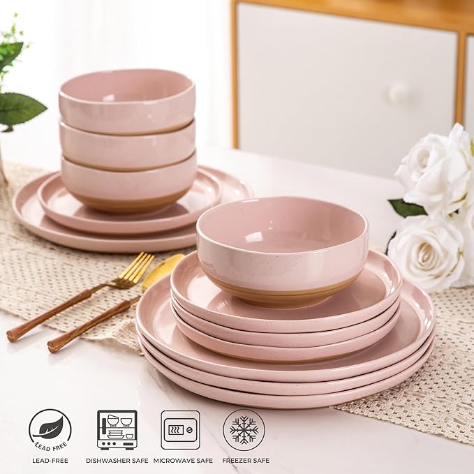 AmorArc Ceramic Dinnerware Sets for 4 12 Pieces Handpainted Plates and Bowls Set with Rustic Terracotta Underside Scratch Resistant Stoneware Dishes Set Dishwasher &amp Microwave Safe Cloud Pink