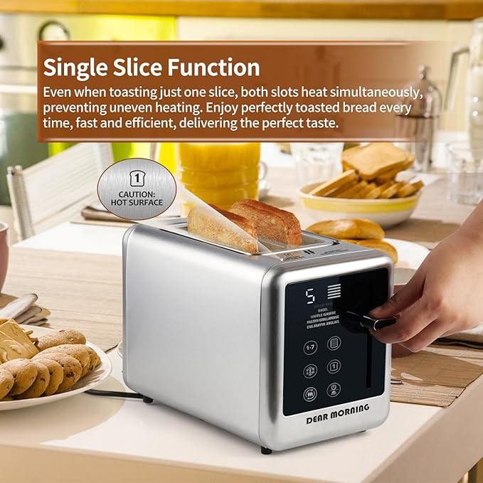 Smart Toaster Digital Tuch Screen Toasters with 5 Bread Selection 7 Shade Setting and Bagel/Defrost/Cancel/Reheat Function 1.5” 2 Slice Stainless Steel Tostadora with Removable Crumb Tray