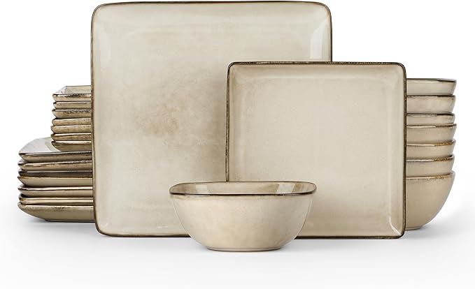 E-far Square Dinnerware Sets for 8 24-Piece Stoneware Plates and Bowls Dishes Set Reactive Glaze Porcelain Dishware Sets Chip &amp Scratch Resistant Microwave &amp Dishwasher Safe Sandy Beige