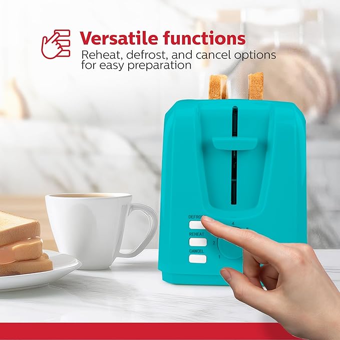 Holstein Housewares 2-Slice Toaster with 7 Browning Settings Extra-Wide Slots Reheat Defrost Cancel High-Lift Release Removable Crumb Tray – Compact Stainless Steel Teal