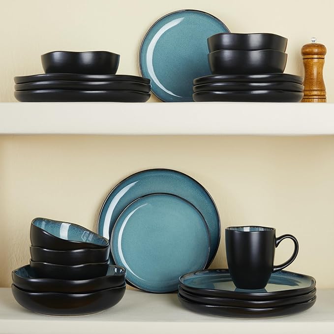 24 piece Stoneware Dinnerware Sets Green Black