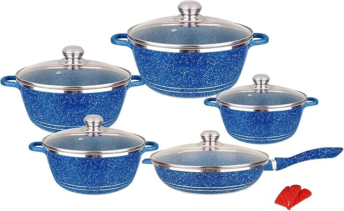 10-Piece Granite-Marble Coated Nonstick Cookware Set with Glass Lids - Ultimate Aluminum Alloy Pots and Pans Collection for Home and Kitchen Including Saucepans Frying Pan and Stock Po(Color:Blue)