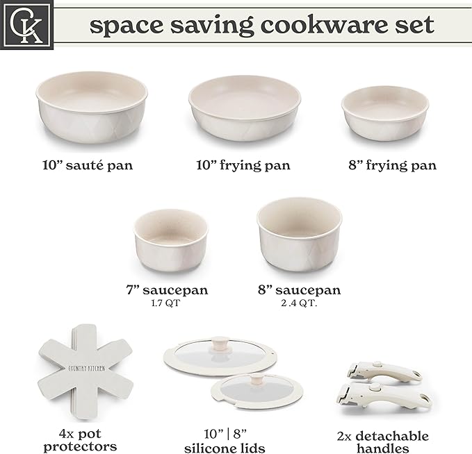 Country Kitchen Cookware Set with Removable Handle Oven &amp RV Safe Pots and Pans Set Cream Diamond Original