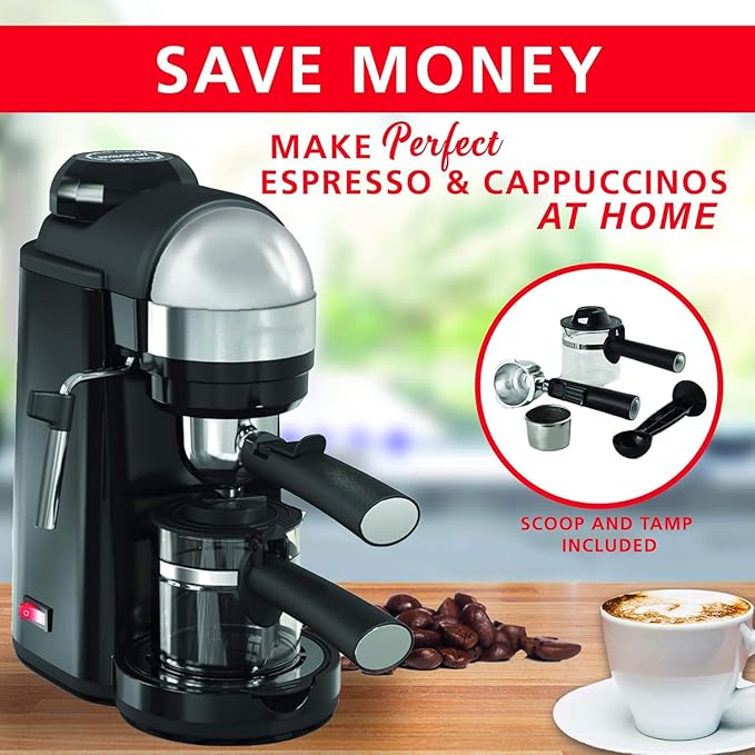 4 Cup Espresso and Cappuccino Maker with Steam Wand – Compact Coffee Machine with Milk Frother and Stainless Steel Filter Black