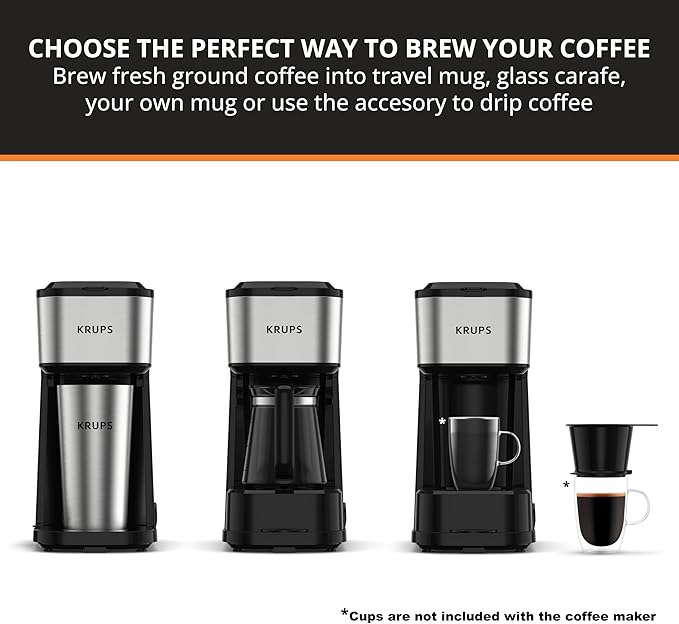 KRUPS Simply Brew Coffee Maker - Multi-Serve 4-in-1 with Stainless Steel Travel Tumbler Black 14oz