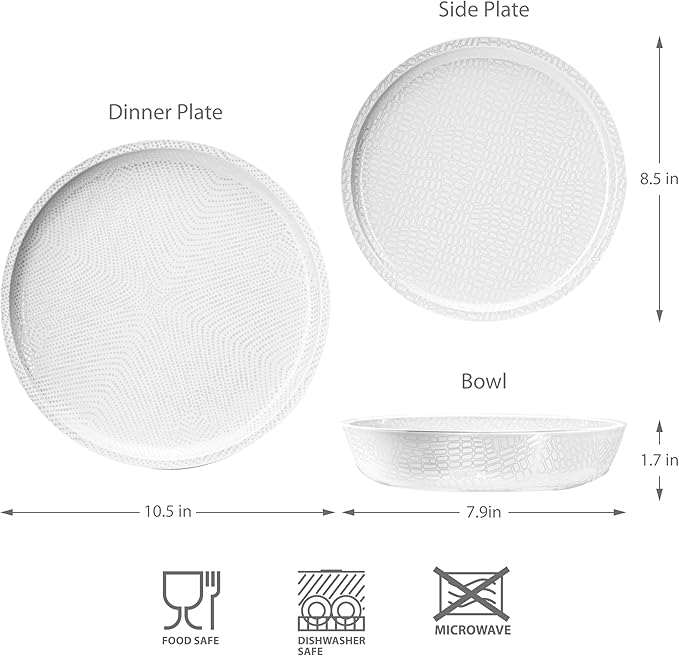 bzyoo 12 Piece Melamine Dinnerware Set - Durable Dishwasher Safe White Plates and Bowls - for Casual Dining Parties Dish Set White Mono Collection