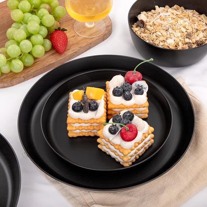 EI 12pcs Wheat Straw Dinnerware Set of 4Plates and Bowls SetsPlastic Plate Reuasble UnbreakableHeavy Duty Plastic Plates for CampingPicnincFamily Dinner