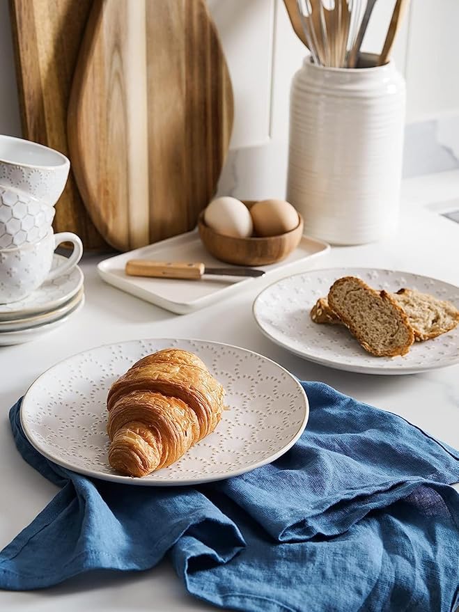 LE TAUCI 16 Piece Dinnerware Set Arctic White Stoneware Plates and Bowls With Mugs Ideal for 4 Serve for 4 Stackable Lead and Cadmium Free