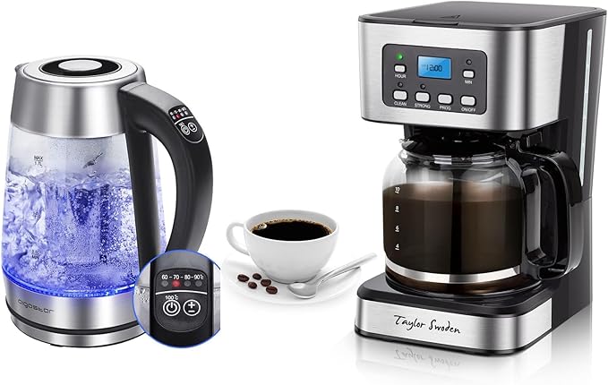 Taylor Swoden 12-Cup Programmable Coffee Maker and Aigostar Electric Kettle Tea Kettle with Temperature Control and Tea Infuser 1500W