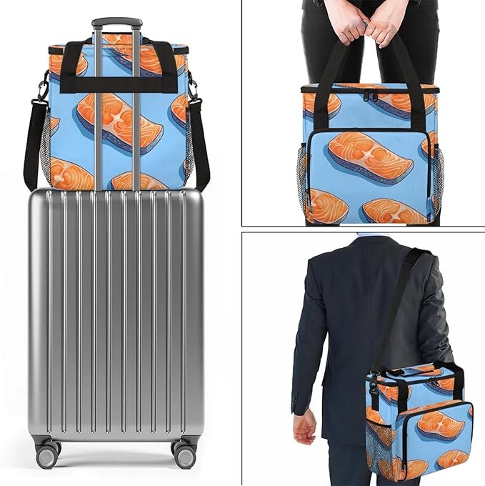 Fish Coffee Maker Travel Bag Fishes Salmons Insulated Grocery Bag Travel Picnic Leakproof Cooler Bags With Shoulder Strap