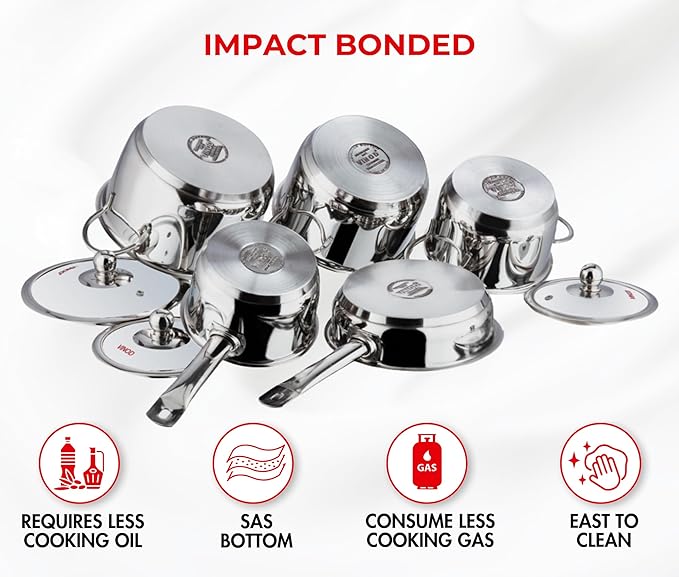 Vinod Stainless Steel Induction Friendly Tuscany Set 5 Pieces - Saucepan (14 cm/1.3 Litre) 3 Cassseroles (14 cm16 cm &amp 18 cm/1.32 &amp 2.8 Litre) Frypan (18 cm) &amp 3 Glass Lids