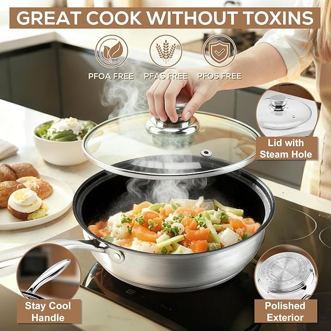 Stainless Steel Cookware Set - 15 Pieces Pots and Pans Nonstick Pot and Pan Set Includes 1 Frying Pans 5 Pots 6 Lids and 3 Utensils with Stay Cooling Handle Induction &amp Oven Safe