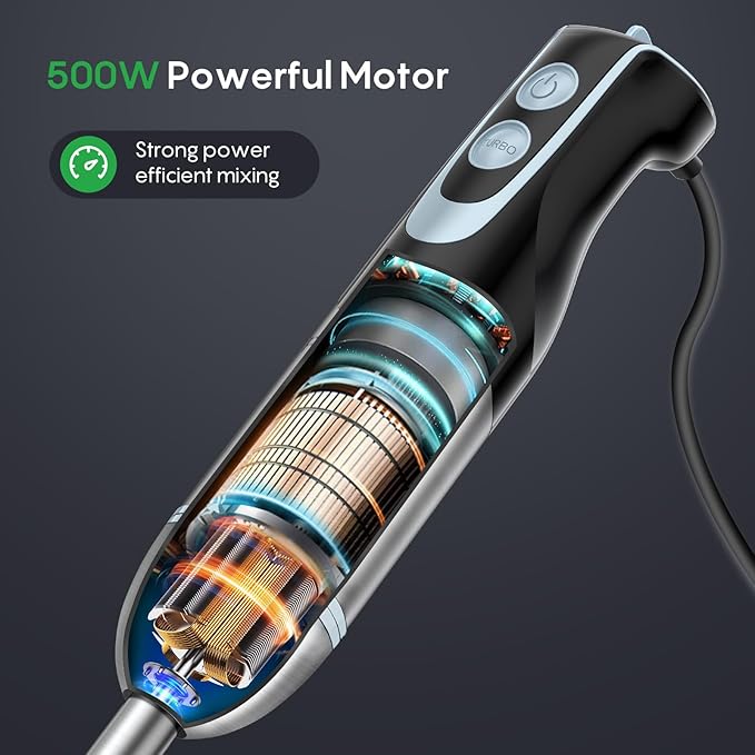 FRESKO Immersion Handheld Blender 500W with 700ml Beaker 12-Speed &amp Turbo Mode Hand Blender Stick 304 Stainless Steel Blades for Soup Smoothie Puree Baby Food