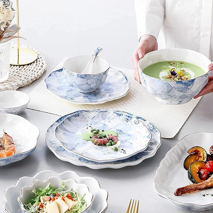 Dinner Set for Luxury Restaurant and Home 24 Pieces Porcelain Dish Set Dinnerware Sets Plates and Bowls Sets for 8 Blue Foam Series 24k Gold-PlatedB