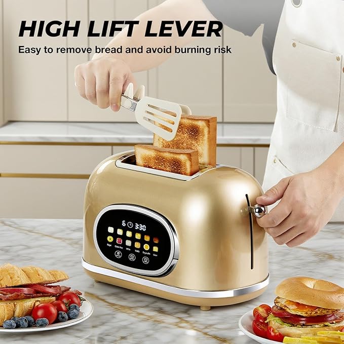 Roter Mond 2 Slice Toaster Smart Touch Screen Retro Stainless Steel Bread Toaster with Digital Timer Sleep Mode Bagel Cancel and Defrost Functions 6 Bread Types and Shade Settings Gold