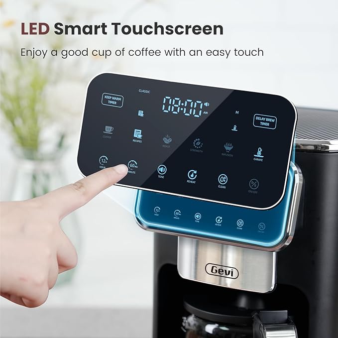 Gevi 12-Cup Programmable Coffee Maker with Touchscreen Strong Brew &amp Iced Coffee Options Auto Shut-Off 4-Hour Keep Warm Glass Carafe Anti-Drip System Permanent Filter Included