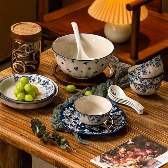 Ceramic Dinnerware Sets for 4 12 Pieces Dishes Set for Kitchen Porcelain Floral Plates and Bowls Set Microwave and Dishwasher Safe Scratch Resistant Underglaze painting (Floral Blue)