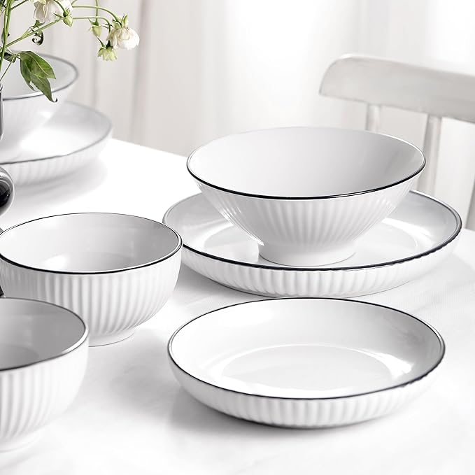 Christian Siriano Lustra Modern 16-Piece Stoneware Dinnerware Set Plates and Bowls Set Dinner and Salad Plates Ramen Bowls Dishes for 4 White