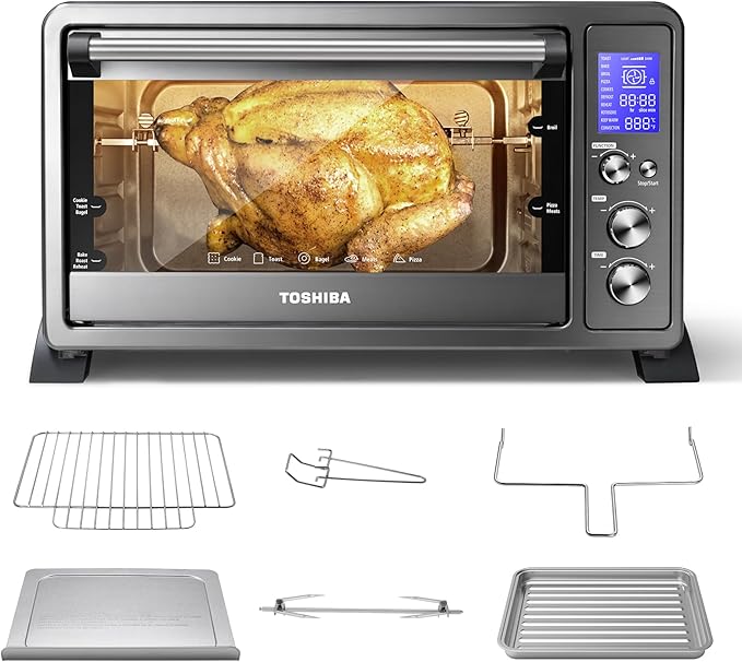 TOSHIBA AC25CEW-BS Large 6-Slice Convection Toaster Oven Countertop 10-In-One with Toast Pizza and Rotisserie 1500W Black Stainless Steel Includes 6 Accessories