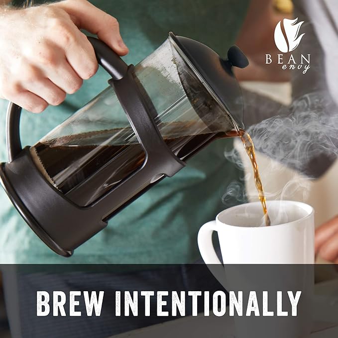 Bean Envy French Press Coffee Maker - 34 oz Glass Carafe Coffee Press Stainless Steel Plunger - Multipurpose Beverage Maker with Borosilicate Glass