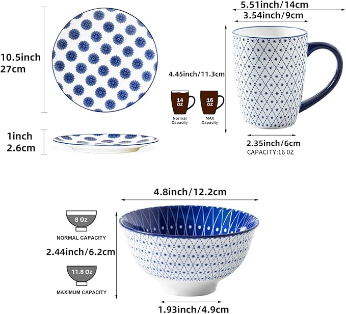 18 Pcs Ceramic Dinnerware - 16 Oz Coffee Mugs and 10.5 Inch Dinner Plates and 12 Oz Dessert Bowls Sets - Service for 6 - Vintage Blue
