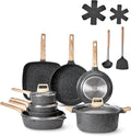 VEVOR 19 Piece Pots and Pans Set Granite Nonstick Cookware Set Induction Cookwares Kitchen RV Cooking Sets with Frying Sauce Saute Tempered Glass Lids and Pan Protectors Black