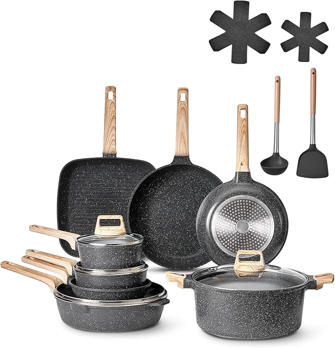 VEVOR 19 Piece Pots and Pans Set Granite Nonstick Cookware Set Induction Cookwares Kitchen RV Cooking Sets with Frying Sauce Saute Tempered Glass Lids and Pan Protectors Black