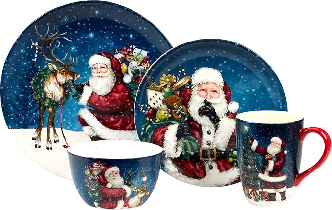 Santa’s Secret 16-Piece Holiday Dinnerware Set Service for 4 – Celebrate the magic of Christmas with Santa reindeer and festive scenes that bring warmth and nostalgia to your holiday table