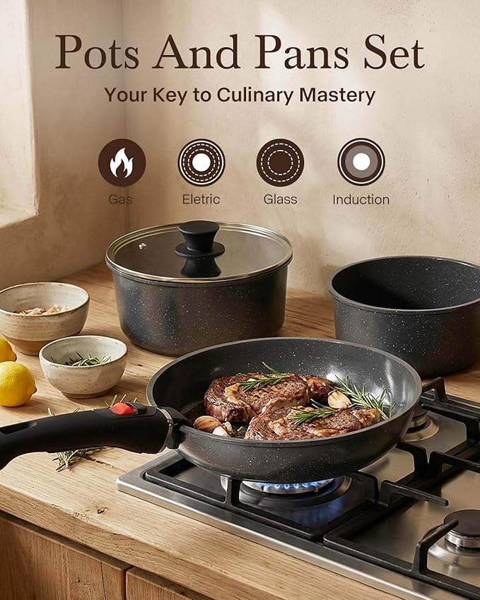 21Pcs Ceramic Pots and Pans Set Non Stick Kitchen Cookware Set with Detachable Handles Non Toxic Healthy Cooking Set Induction Dishwasher Oven Safe PTFE PFOA PFOS Free Black