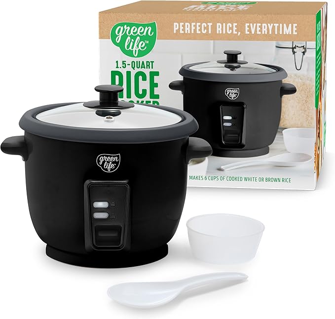 GreenLife Rice Cooker with Removable PFAS-Free Ceramic Nonstick Pot 3-Cups Uncooked/6-Cups Cooked Grains &amp Oatmeal Multicooker Compact One-Switch Design Auto Keep Warm Easy Clean Black