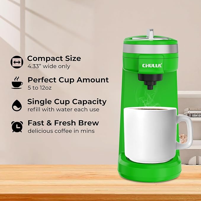 CHULUX Single Serve Coffee Maker Small Single Cup Coffee Maker for K pod and Ground Coffee Green