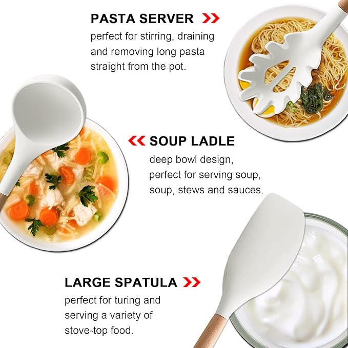 Kitchen Cooking Utensils Set 6Pcs Non-Stick Silicone Kitchen Utensils Spatula Spoon Turner Ladle Pasta Server Heat Resistant Wooden Handle Silicone Cooking Gadgets Sets for Cookware &amp Baking