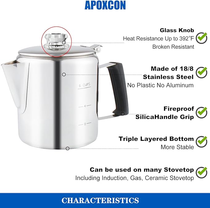 Multi Use Percolator Coffee Pot Stainless Steel Stove Top Coffee Maker with Two Tough Borosilicate Glass Knob Silica Handle Camping Coffee Pot Using on Campfire Stove &amp Induction Cooker Silver 6 C