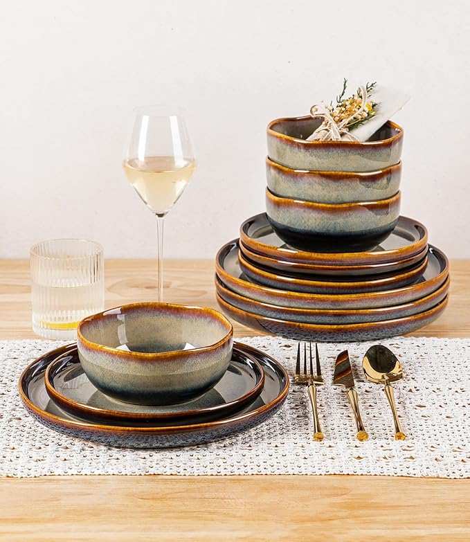 TheTerra Ceramic Dinnerware Sets for 4 12 Pieces Porcelain Lightweight Plates and Bowls Sets Scratch Resistant Dish Set Oven &amp Microwave &amp Dishwasher Safe Coffee Bean