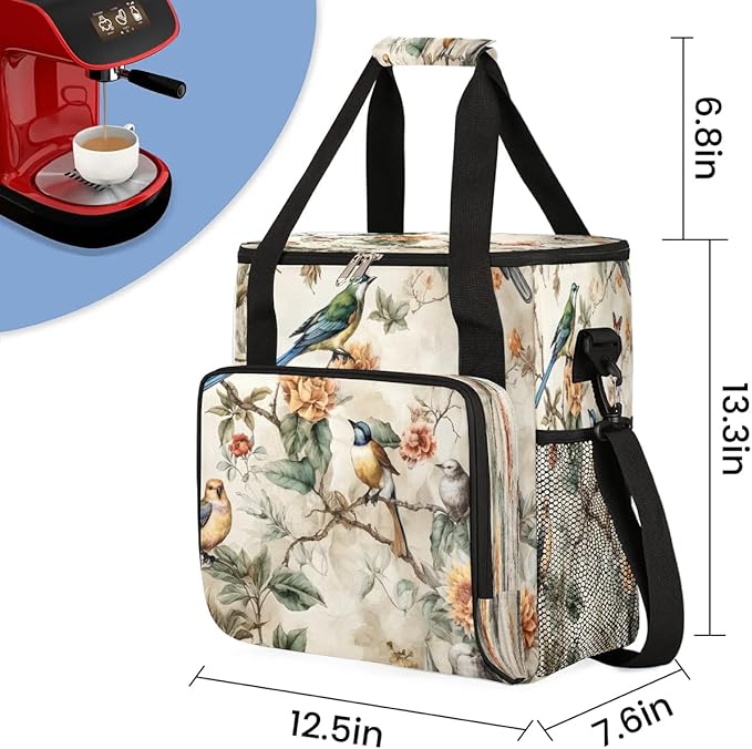 Retro Bird Flower Coffee Maker Carrying Bag Compatible with K-Mini or K-Mini Plus Portable Single Cup Coffee Maker Case with Pockets for K Cup Pods