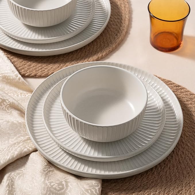 Famiware Starlight Plates and Bowls Dishes Set of 8 (24 Pieces) Ribbed Textured Stoneware Dinnerware Sets- Dishwasher &amp Microwave Safe Chip Resistant Matte Reactive White